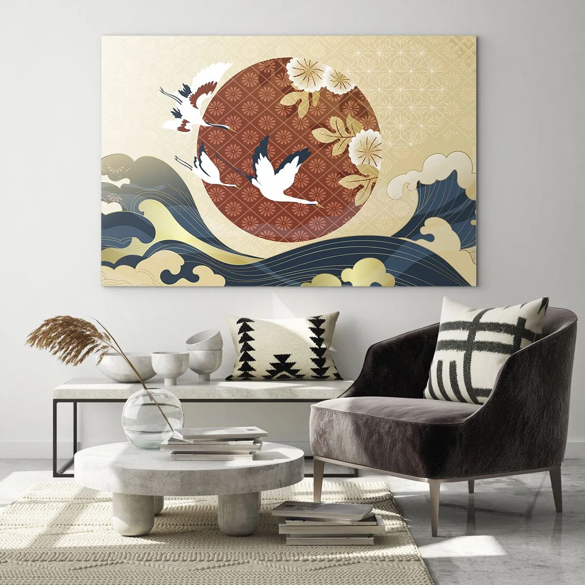 Obraz na skle - Japonské žeriavy nad vlnami na pozadí červeného kruhu - 70x50cm - Japonská rozprávka - Moderná nástenná dekorácia do obývacej izby a spálne ARTTOR