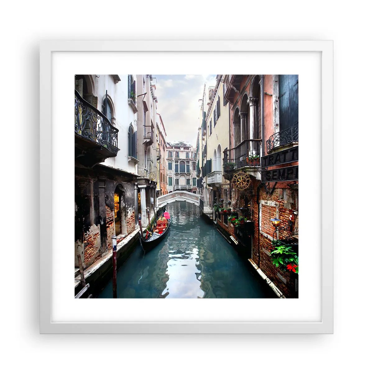 Plagát v bielom ráme - Benátska krajina s gondolou a mostíkom - 40x40 cm