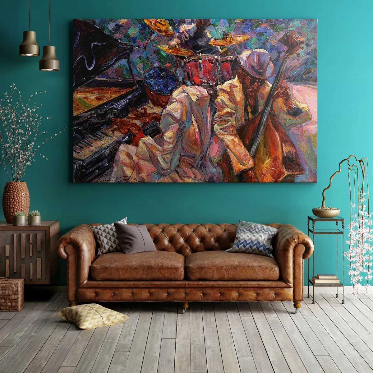 Obraz na plátne - Energická jazzová scéna s hudobníkmi a nástrojmi - 70x50cm - V jednom rytme - Moderná nástenná dekorácia do obývacej izby a spálne ARTTOR
