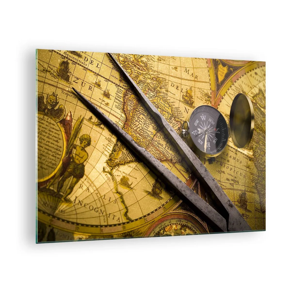 Obraz na skle - Stará mapa s kompasom a kružidlom - 70x50cm - Kde sú tie poklady? - Moderná nástenná dekorácia do obývacej izby a spálne ARTTOR