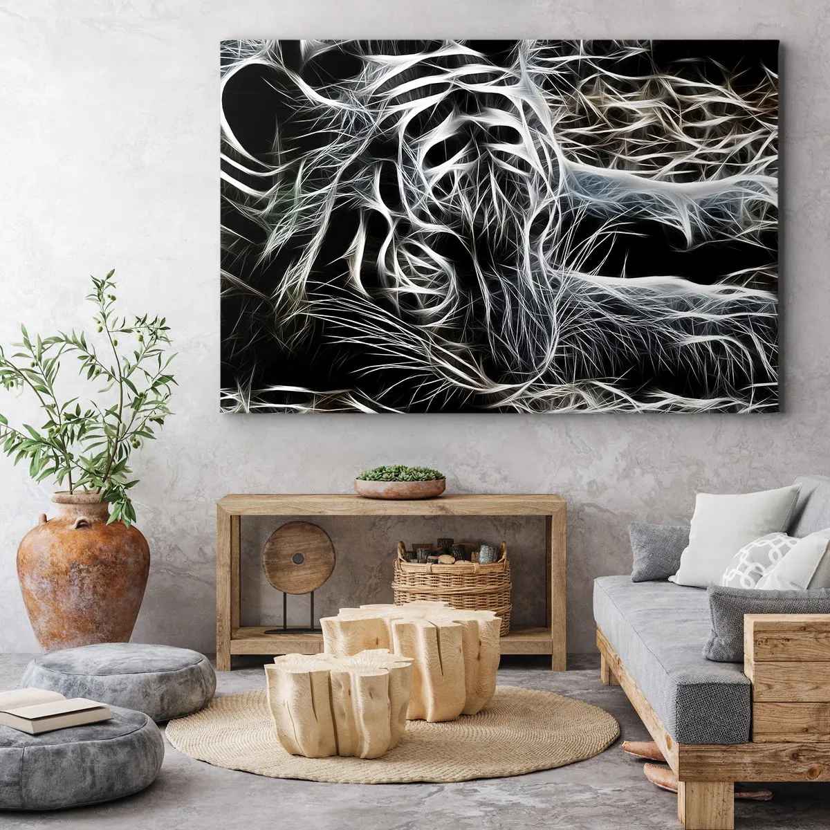 Obraz na plátne - Abstraktný vzor zobrazujúci siluetu mačky na čiernom pozadí. - 70x50cm - Štúdia mačacej ľahkosti - Moderná nástenná dekorácia do obývacej izby a spálne ARTTOR