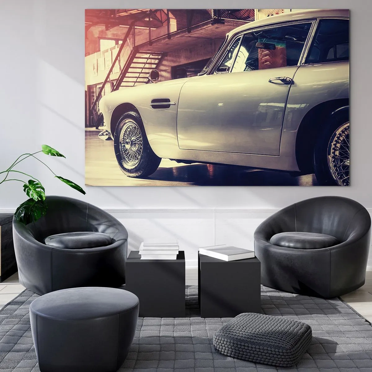 Obraz na skle - Klasické auto v elegantnom interiéri garáže - 70x50cm - Klasika nestarne - Moderná nástenná dekorácia do obývacej izby a spálne ARTTOR
