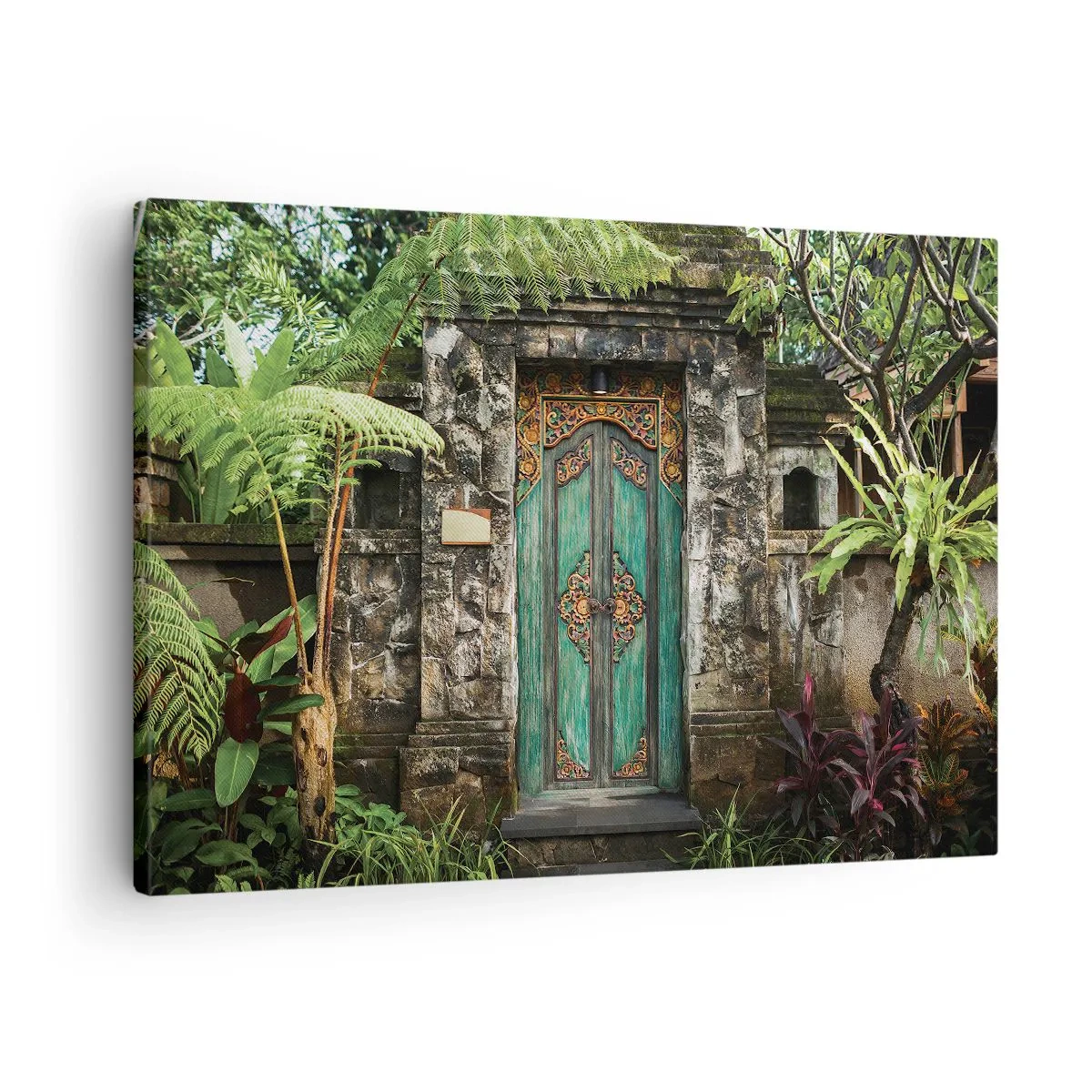 Obraz na plátne - Dekoratívne dvere obklopené tropickou vegetáciou - 70x50cm - Dvere do exotického sveta - Moderná nástenná dekorácia do obývacej izby a spálne ARTTOR