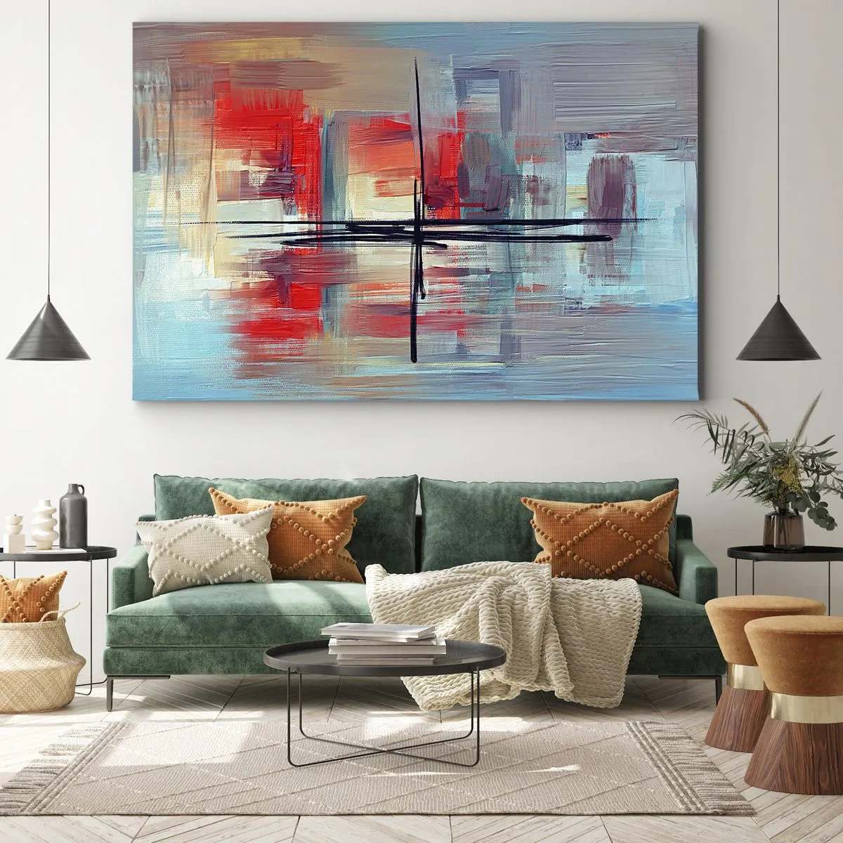 Obraz na plátne - Abstraktná kompozícia s intenzívnymi farbami, líniami a geometrickými tvarmi. - 70x50cm - Krajina v neznámej dimenzii - Moderná nástenná dekorácia do obývacej izby a spálne ARTTOR