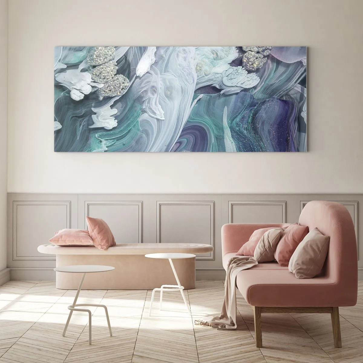Obraz na skle - Prúdy modrej - 100x40 cm
