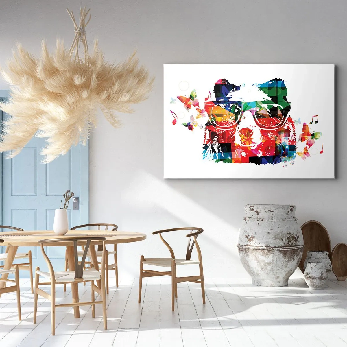 Obraz na plátne - Farebný medveď s okuliarmi, motýľmi a hudobnými notami - 70x50cm - Páči sa mi! - Moderná nástenná dekorácia do obývacej izby a spálne ARTTOR