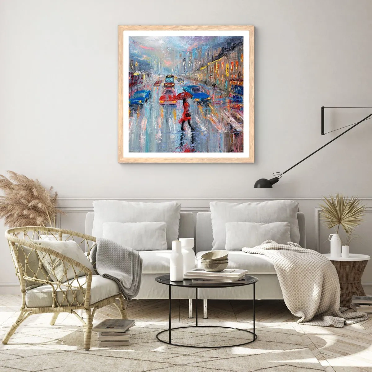 Plagát v ráme zo svetlého duba - Daždivé popoludnie v meste - 50x50 cm