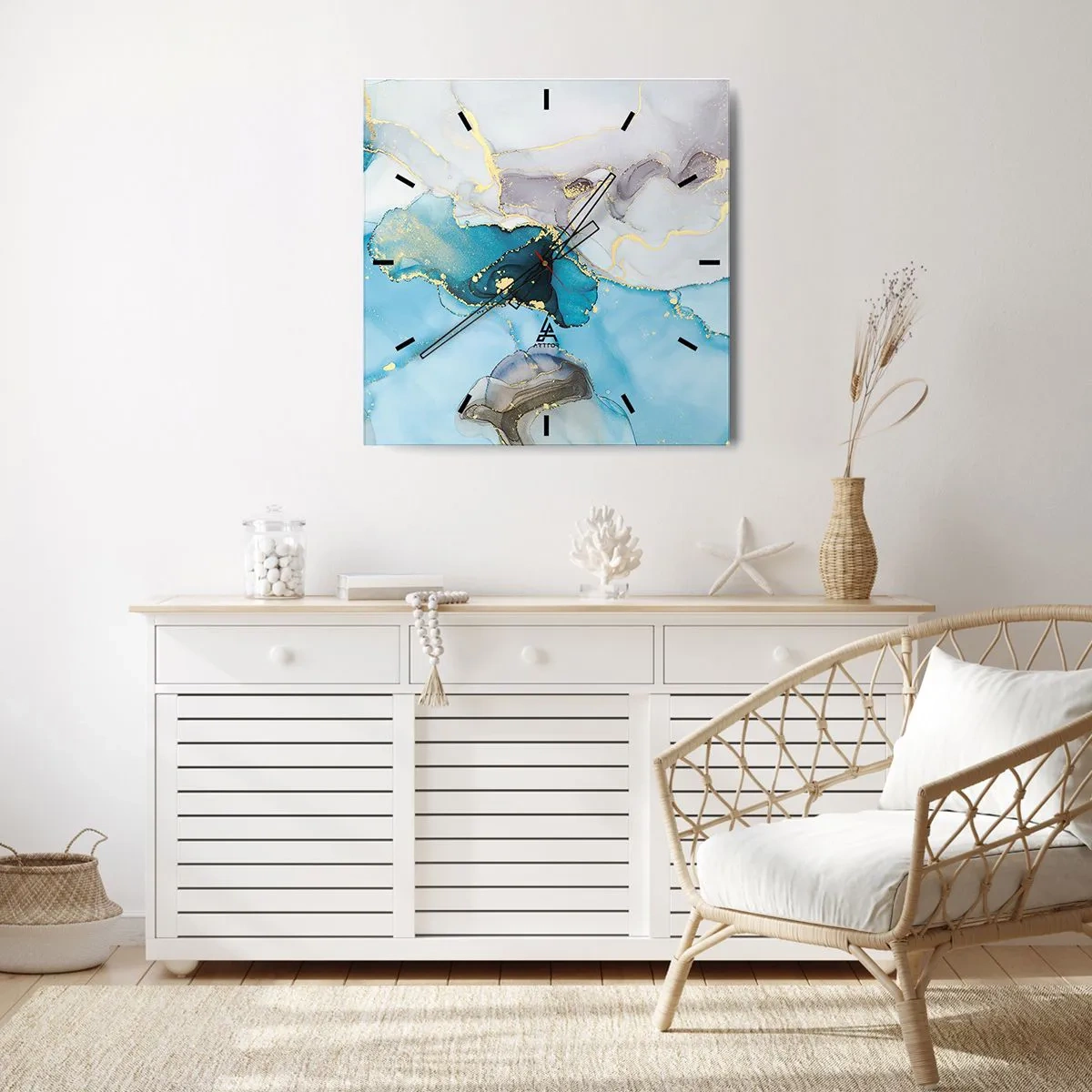 Nástenné hodiny - Štúdia o stretnutí šedej a tyrkysovej - 40x40 cm