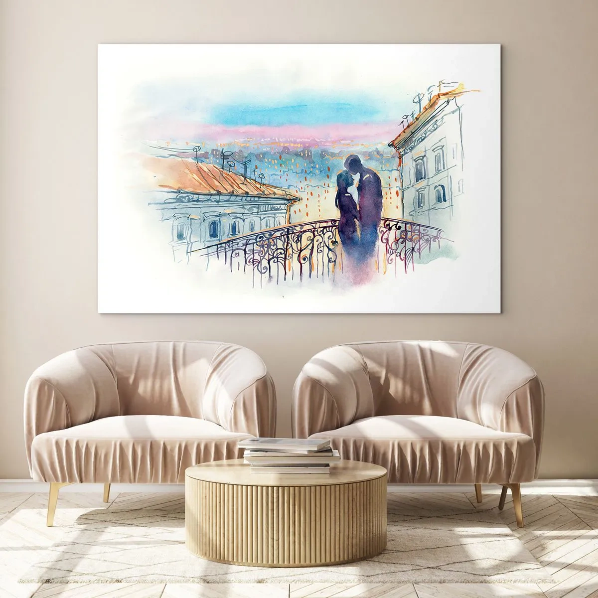 Obraz na skle - Pár na balkóne si užíva romantický západ slnka - 70x50cm - Parížski milenci - Moderná nástenná dekorácia do obývacej izby a spálne ARTTOR