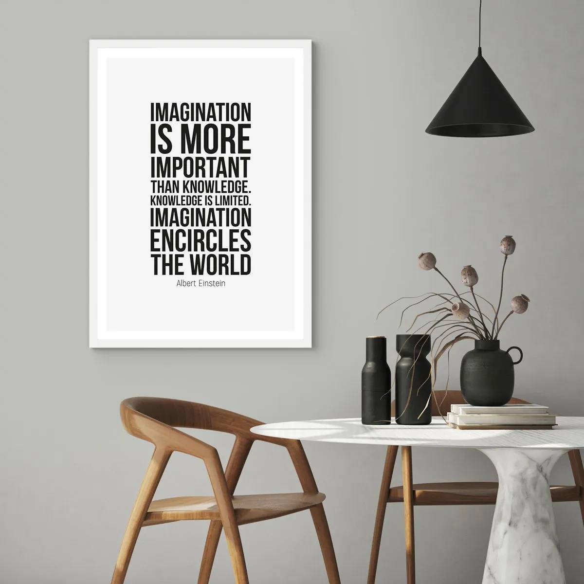 Plagát v bielom ráme - Einstein o sile predstavivosti - 50x70 cm