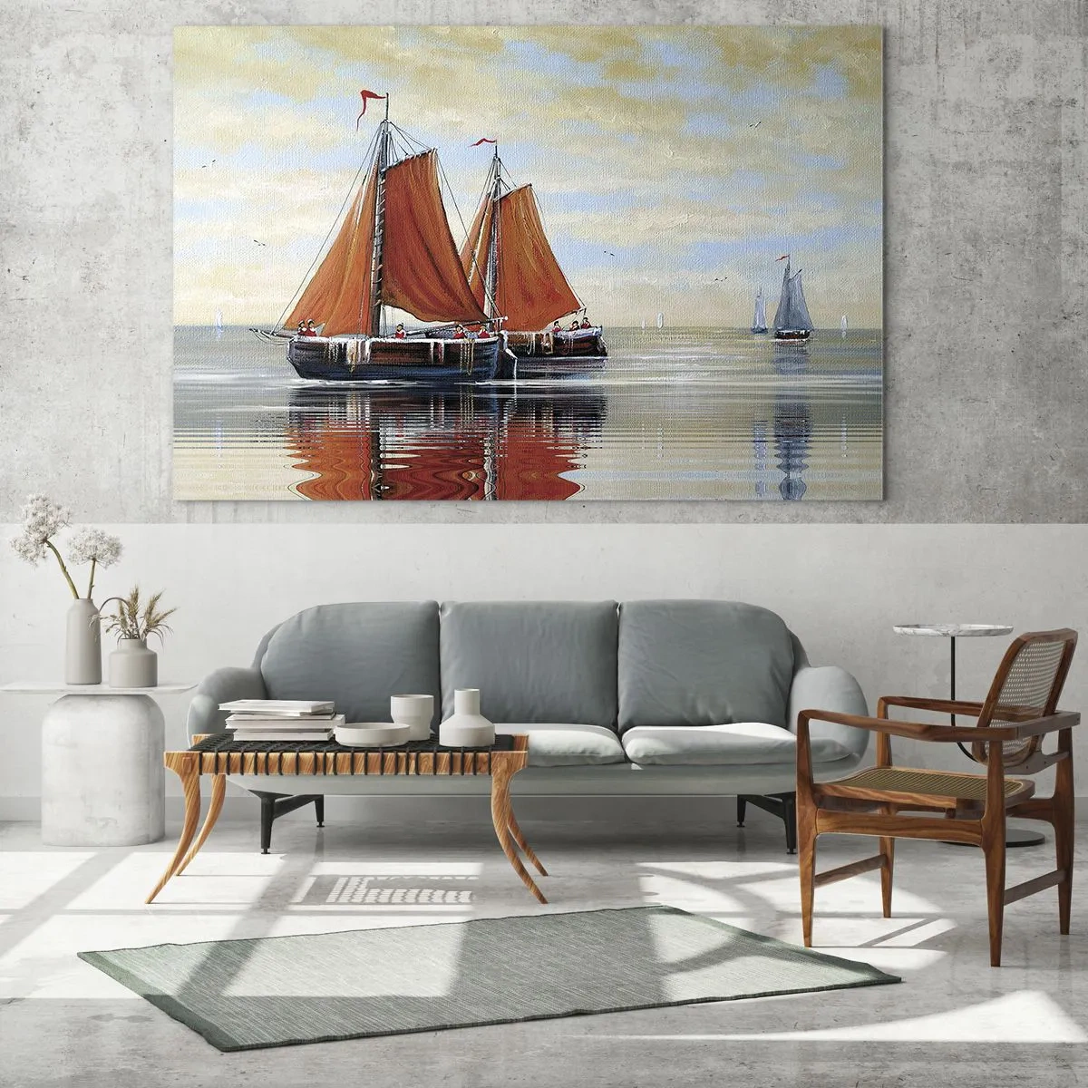 Obraz na skle - Plachetnice na pokojnom mori pri západe slnka - 70x50cm - Pluj, námorník… - Moderná nástenná dekorácia do obývacej izby a spálne ARTTOR