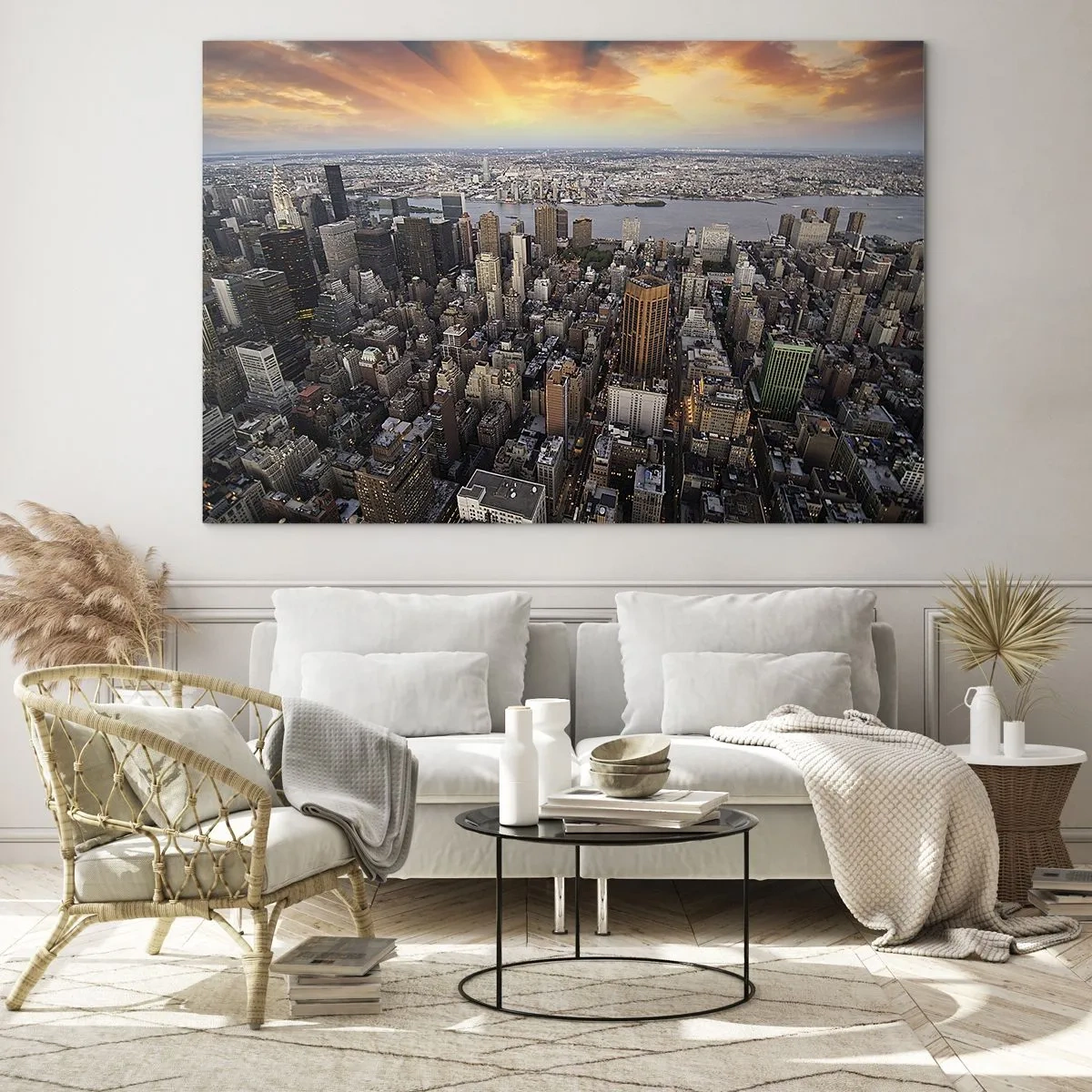 Obraz na skle - Panoráma mesta s výhľadom na mrakodrapy pri západe slnka - 70x50cm - Búšiace srdce našej doby - Moderná nástenná dekorácia do obývacej izby a spálne ARTTOR