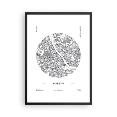 Plagát v čiernom ráme - Minimalistická mapa Varšavy v kruhu - 50x70cm - Anatómia Varšavy - Moderná nástenná dekorácia do obývacej izby a spálne ARTTOR