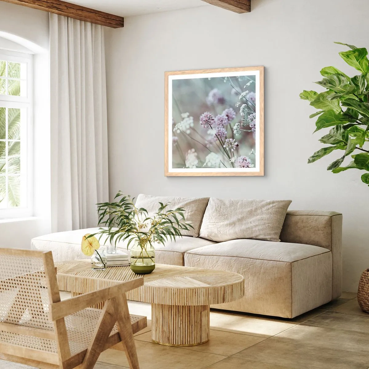 Plagát v ráme zo svetlého duba - Sladké filigrány byliniek - 60x60 cm