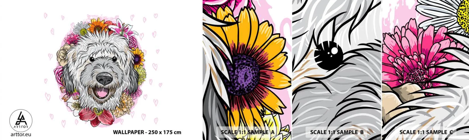 Vzorka samolepiacej fototapety Deluxe Sticker - Šteňacia radosť - Abstrakcia, pes, Pre deti - 100x30 cm