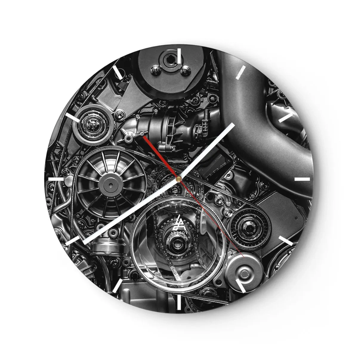 Nástenné hodiny - Čiernobiely detail mechanizmu motora auta - 30x30cm - Poézia mechaniky - Moderná nástenná dekorácia do obývacej izby, kuchyne a spálne ARTTOR
