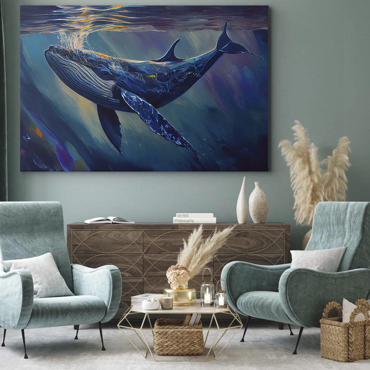 Obraz na plátne - Veľryba v hlbinách oceánu v žiarivých farbách - 70x50cm - Vitaj v mojom svete - Moderná nástenná dekorácia do obývacej izby a spálne ARTTOR