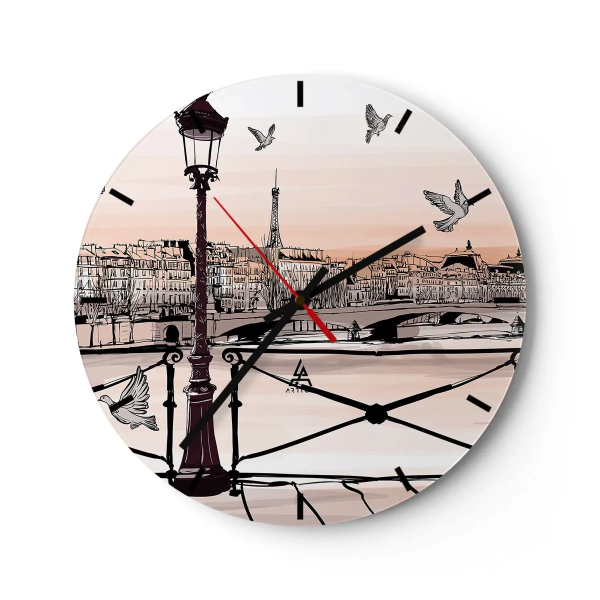 Nástenné hodiny - Lampáš, holuby a panoráma Paríža pri západe slnka - 30x30cm - Nad strechami Paríža - Moderná nástenná dekorácia do obývacej izby, kuchyne a spálne ARTTOR
