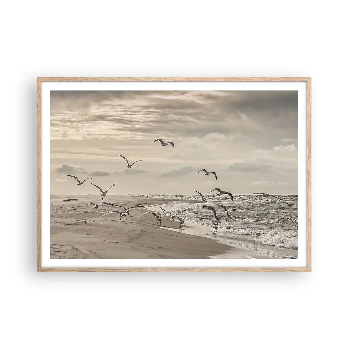 Plagát v ráme zo svetlého duba - Šumenie mora, spev vtákov - 100x70 cm