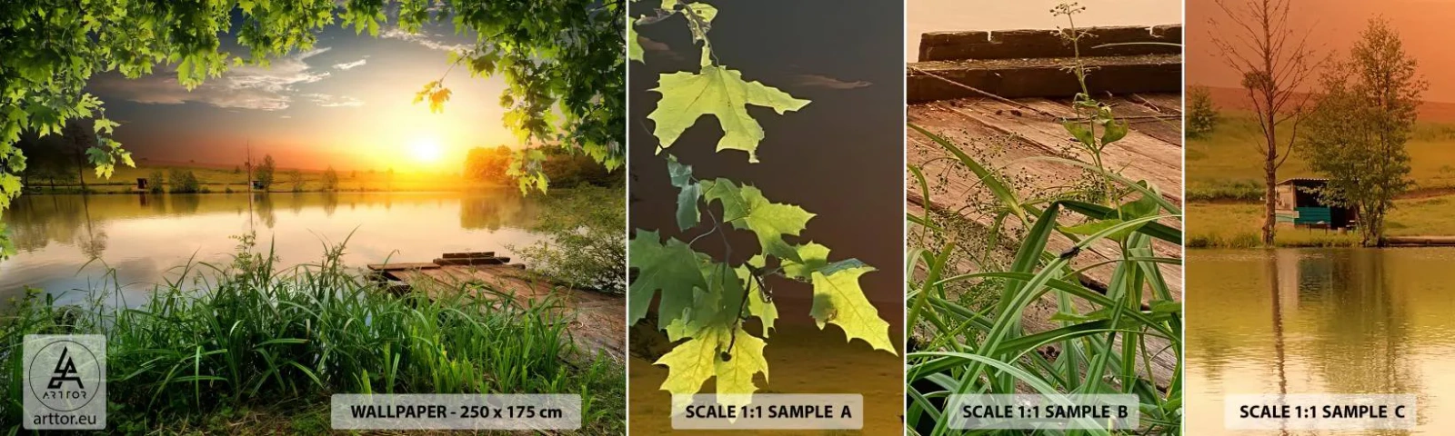 Vzorka samolepiacej fototapety Deluxe Sticker - Krajina v zelenom ráme - Krajina, Jazero, Drevený most - 100x30 cm