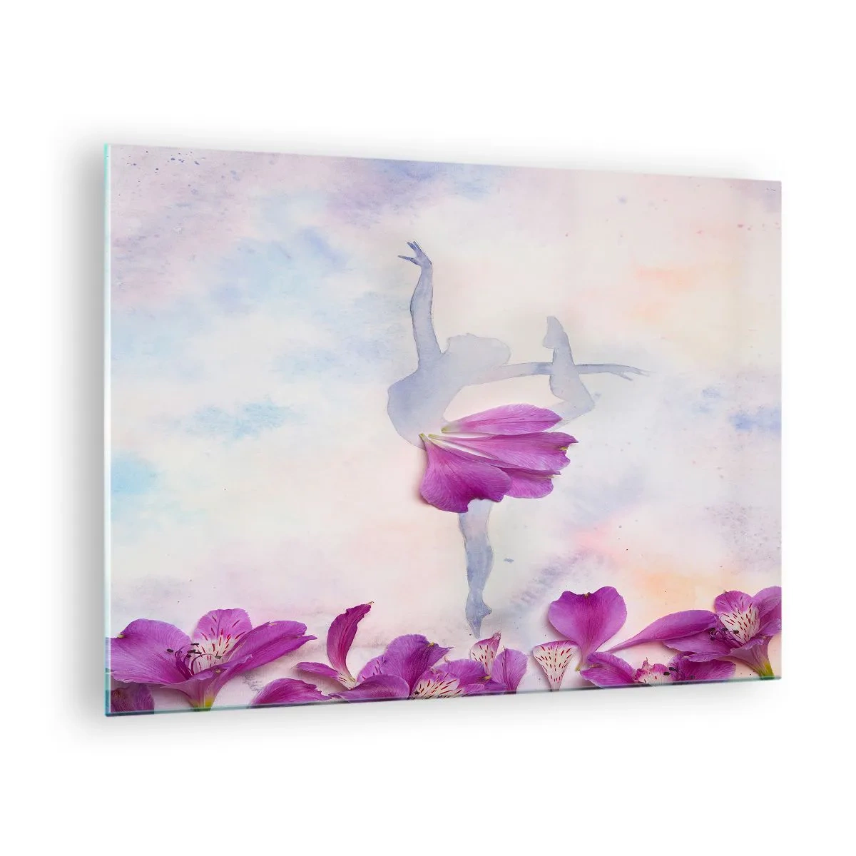 Obraz na skle - Silueta baleríny s kvetom v umeleckej kompozícii - 70x50cm - Jemná ako kvetina - Moderná nástenná dekorácia do obývacej izby a spálne ARTTOR