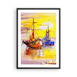 Plagát v čiernom ráme - Farebné plachetnice pri západe slnka - 50x70cm - Zaslúžený odpočinok v prístave - Moderná nástenná dekorácia do obývacej izby a spálne ARTTOR