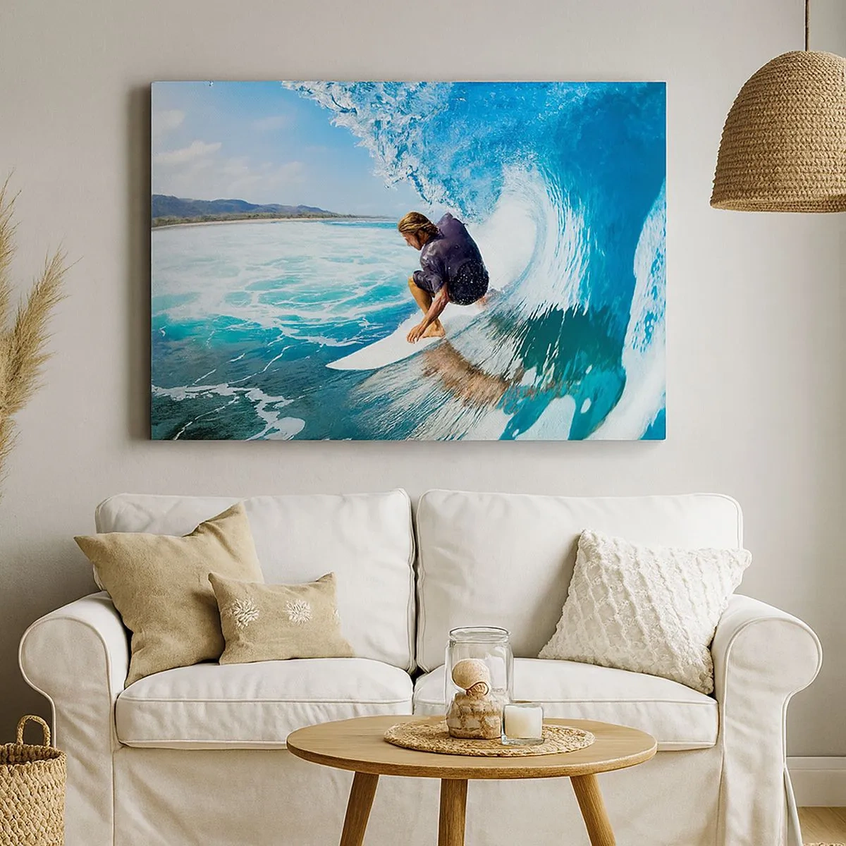 Obraz na plátne - Surfer v dynamickej póze na vlne v tyrkysovej vode. - 70x50cm - Tancujúci s vlnami - Moderná nástenná dekorácia do obývacej izby a spálne ARTTOR