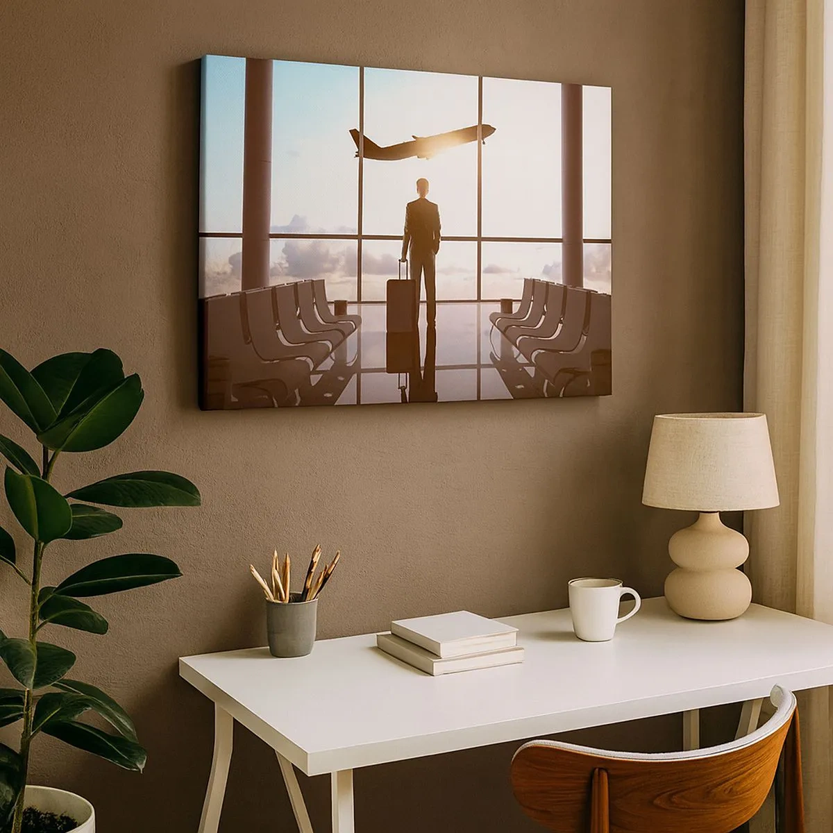 Obraz na plátne - Podnikateľ na letisku s lietadlom v pozadí - 70x50cm - Máš čas, spomaľ - Moderná nástenná dekorácia do obývacej izby a spálne ARTTOR