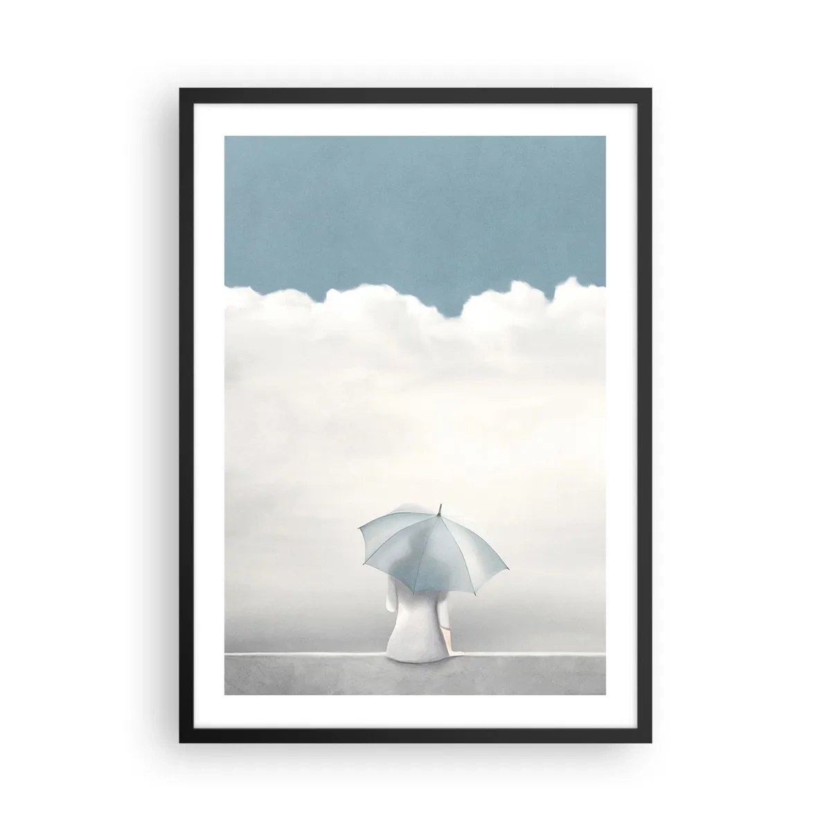 Plagát v čiernom ráme - Postava s dáždnikom sediaca na rímse medzi oblakmi - 50x70cm - Na hrane reality a snov - Moderná nástenná dekorácia do obývacej izby a spálne ARTTOR