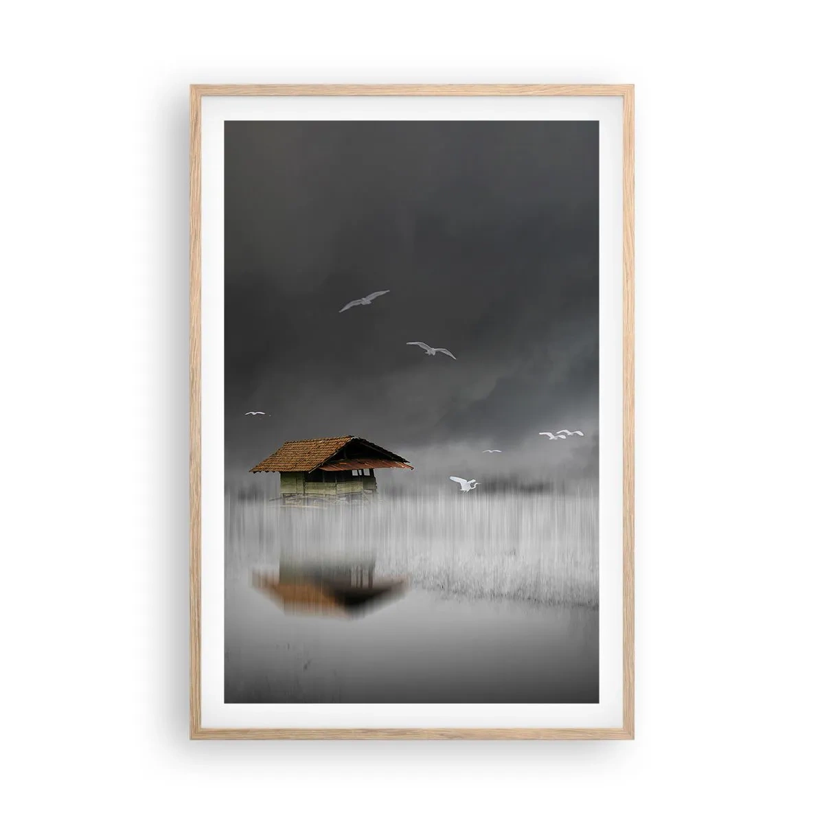 Plagát v ráme zo svetlého duba - Úkryt pred dažďom - 61x91 cm