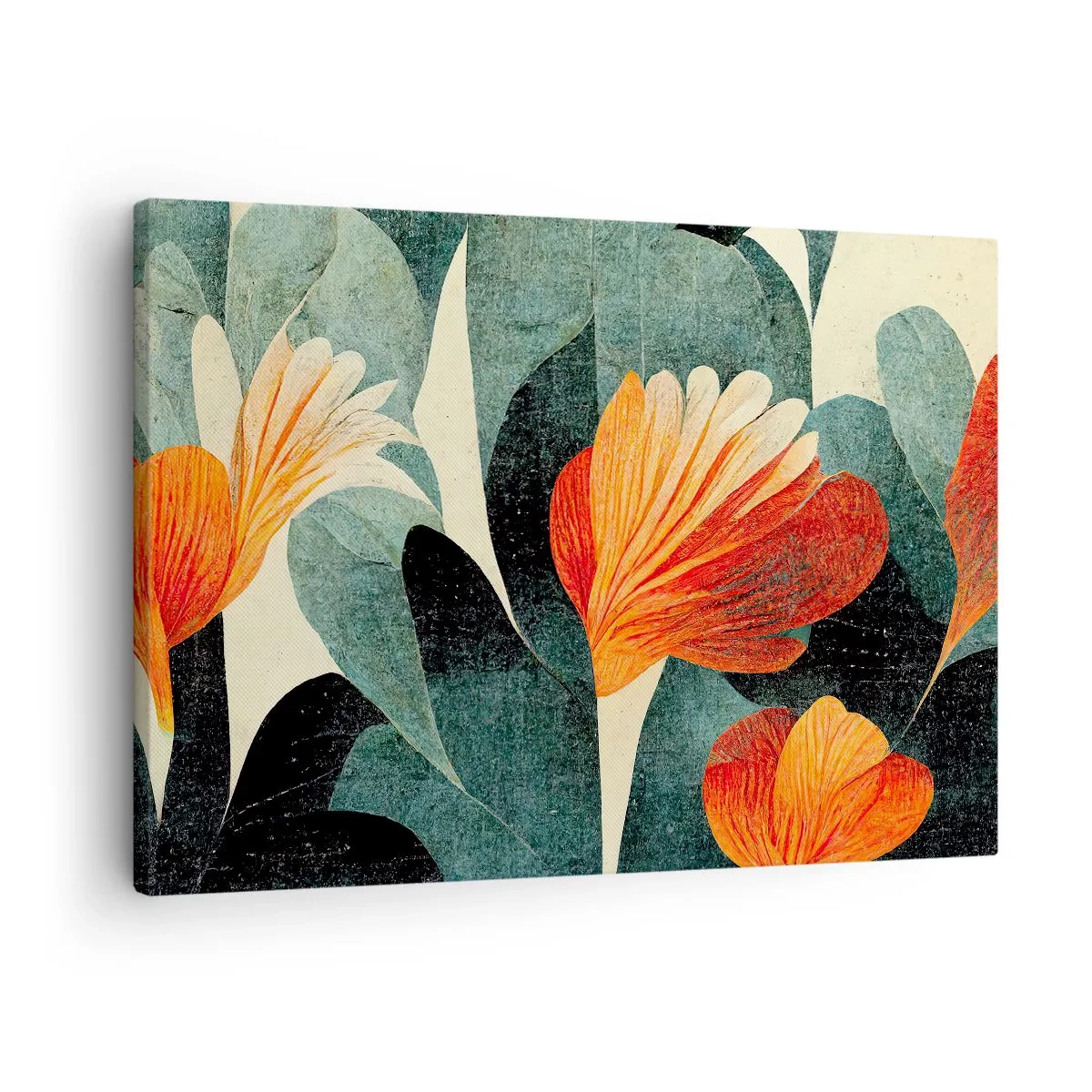 Obraz na plátne - Kvety v intenzívnych odtieňoch oranžovej a zelenej - 70x50cm - Tropické horúco a chlad zelene - Moderná nástenná dekorácia do obývacej izby a spálne ARTTOR