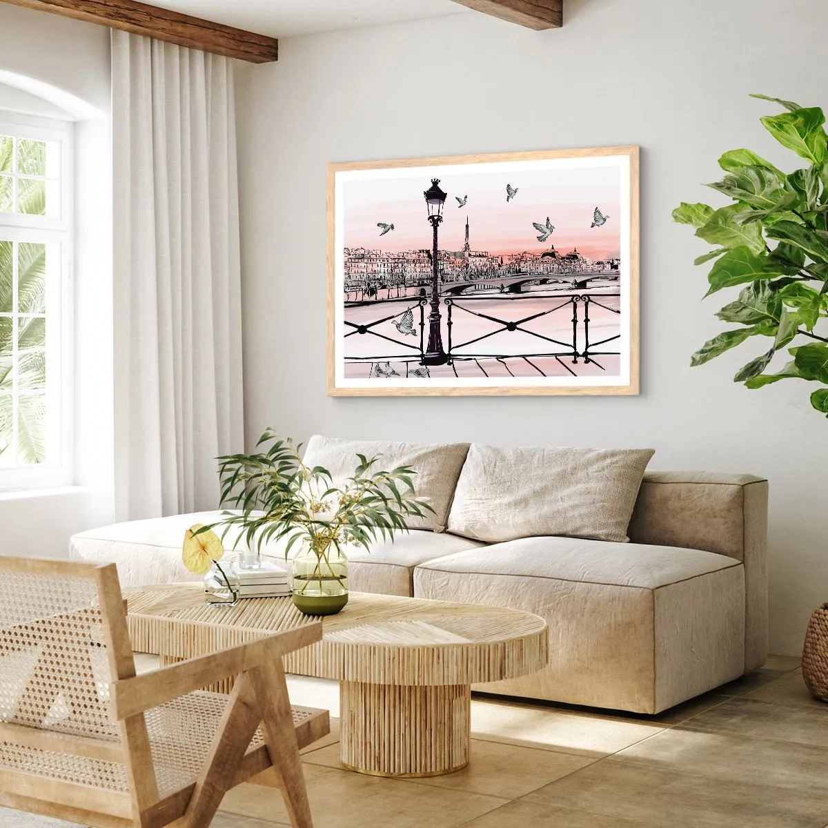 Plagát v ráme zo svetlého duba - Nad strechami Paríža - 40x30 cm