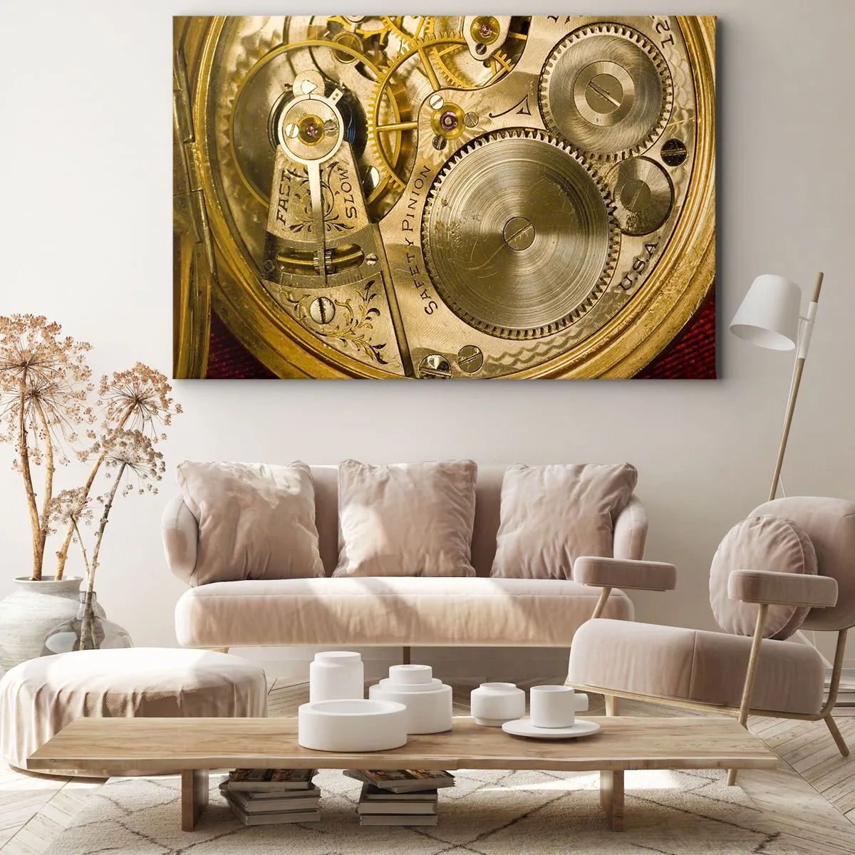 Obraz na plátne - Hodinkový mechanizmus s viditeľnými ozubenými kolesami a detailmi - 70x50cm - Choď s duchom času - Moderná nástenná dekorácia do obývacej izby a spálne ARTTOR