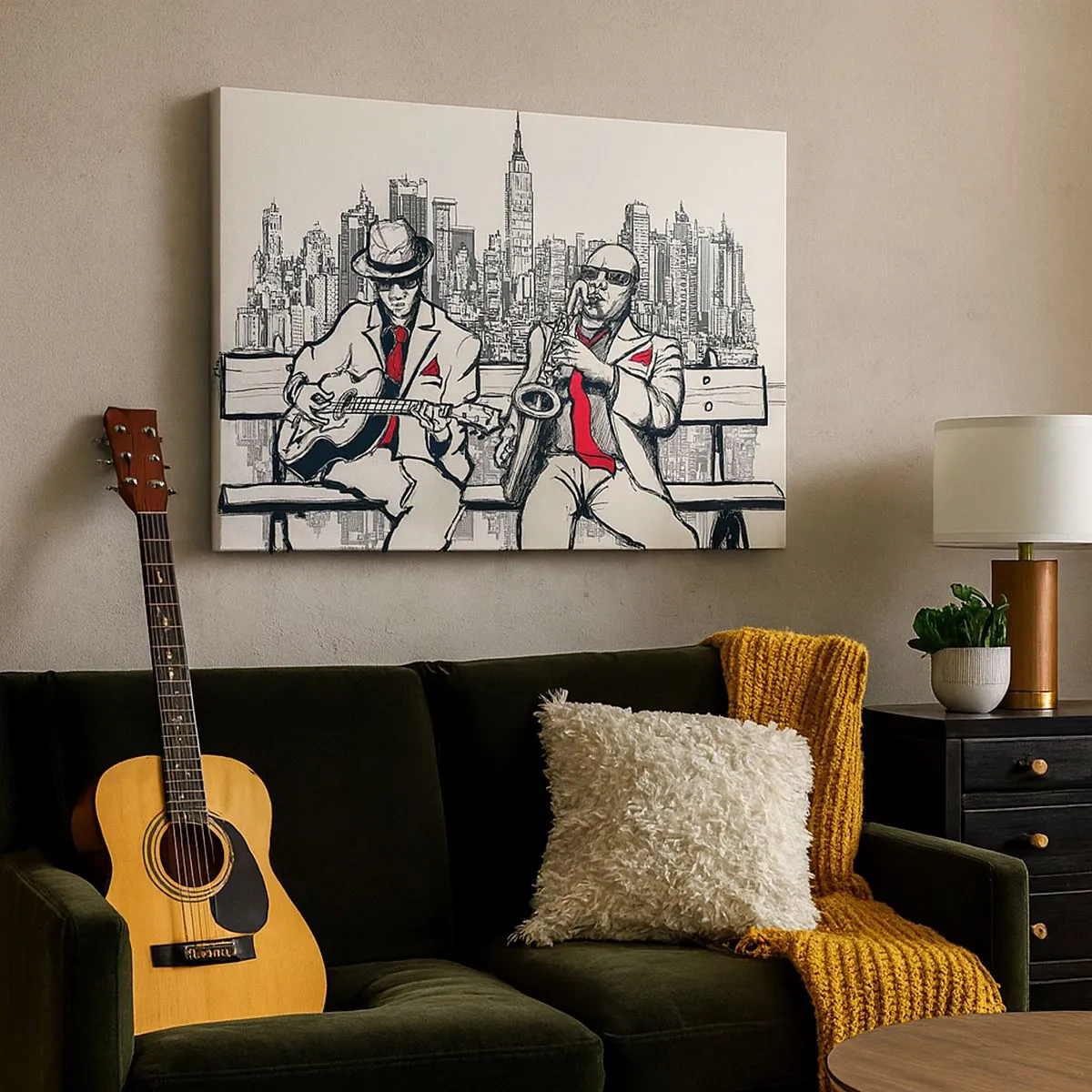 Obraz na plátne - Džezové duo so saxofónom a gitarou na pozadí mesta - 70x50cm - Newyorská improvizácia - Moderná nástenná dekorácia do obývacej izby a spálne ARTTOR