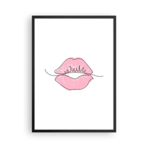 Plagát v čiernom ráme - Minimalistická ilustrácia ružových pier na bielom pozadí - 50x70cm - Si pripravený na bozk? - Moderná nástenná dekorácia do obývacej izby a spálne ARTTOR