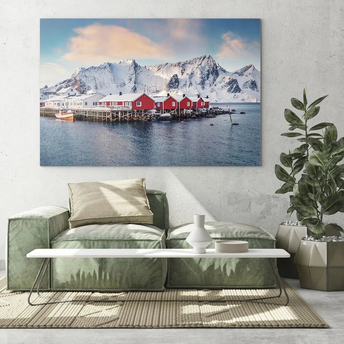 Obraz na skle - Červené rybárske chatky na fjorde s horami v pozadí - 70x50cm - Severné útočisko - Moderná nástenná dekorácia do obývacej izby a spálne ARTTOR