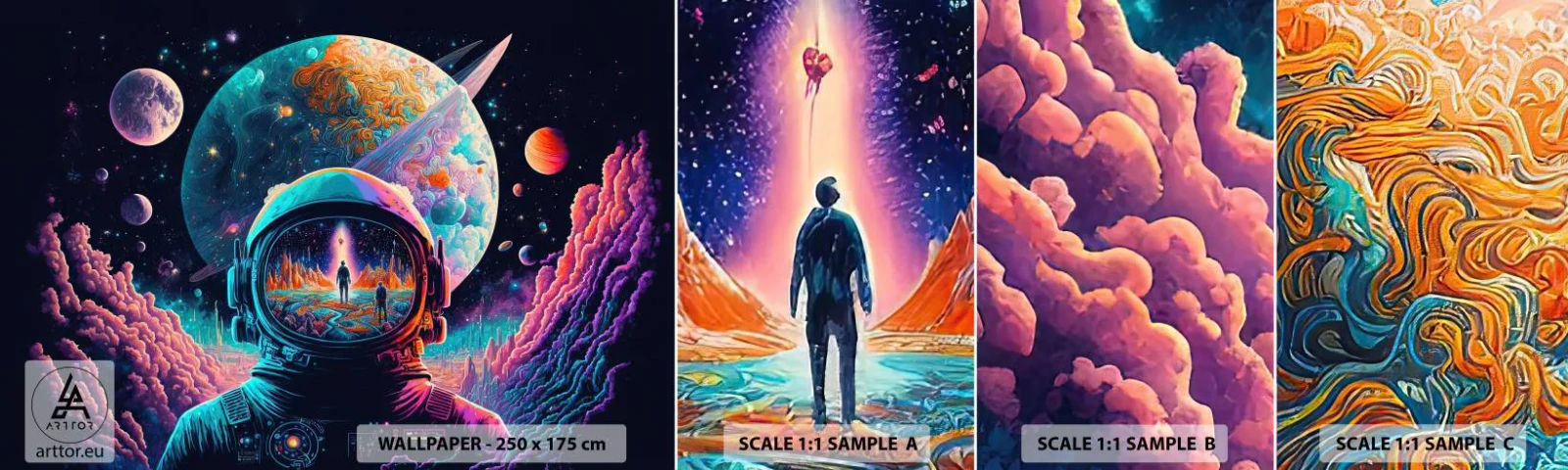 Vzorka samolepiacej fototapety Deluxe Sticker - Filozofom sa to ani nesnívalo - Astronaut, Futuristický, Kozmos - 100x30 cm