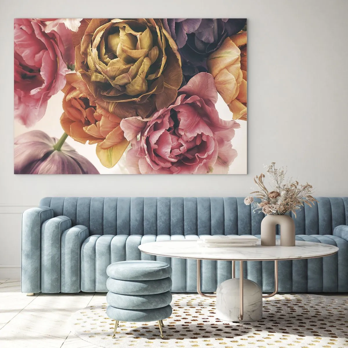 Obraz na skle - Detailný záber na kyticu viacfarebných kvetov - 70x50cm - Oslava života - Moderná nástenná dekorácia do obývacej izby a spálne ARTTOR