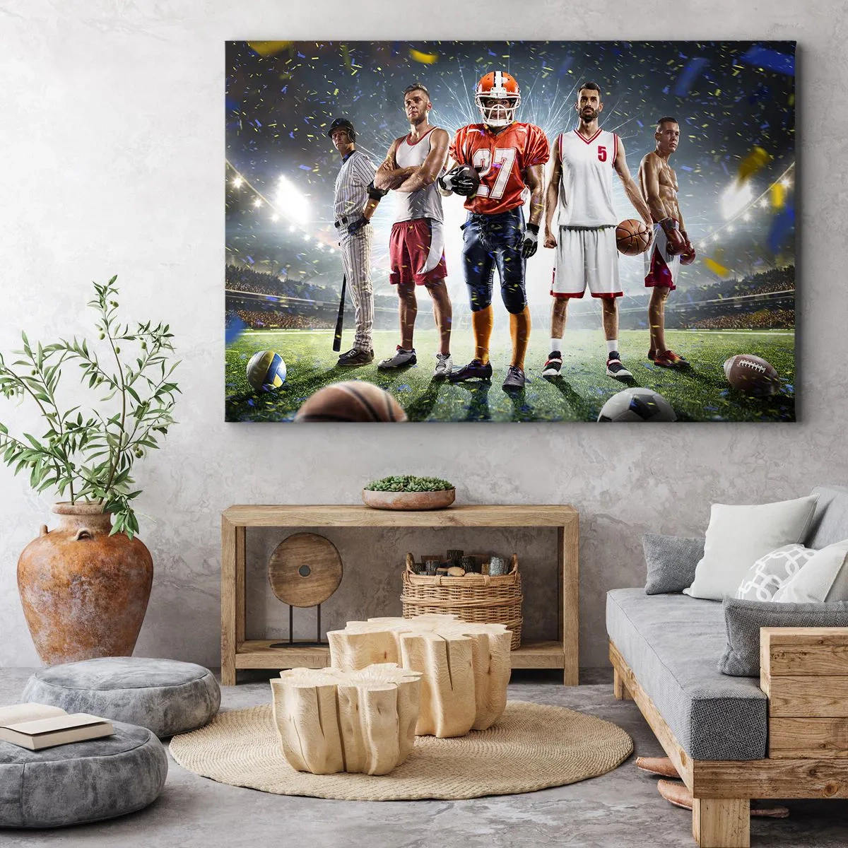 Obraz na plátne - Dynamická scéna športovcov rôznych disciplín na štadióne pod reflektormi - 70x50cm - Gladiátori arén - Moderná nástenná dekorácia do obývacej izby a spálne ARTTOR