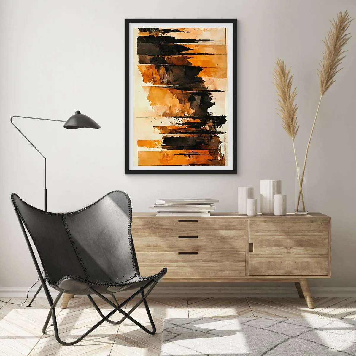 Plagát v čiernom ráme - Abstraktná kompozícia v teplých hnedých a čiernych odtieňoch. - 50x70cm - Harmónia čiernej a zlatej - Moderná nástenná dekorácia do obývacej izby a spálne ARTTOR