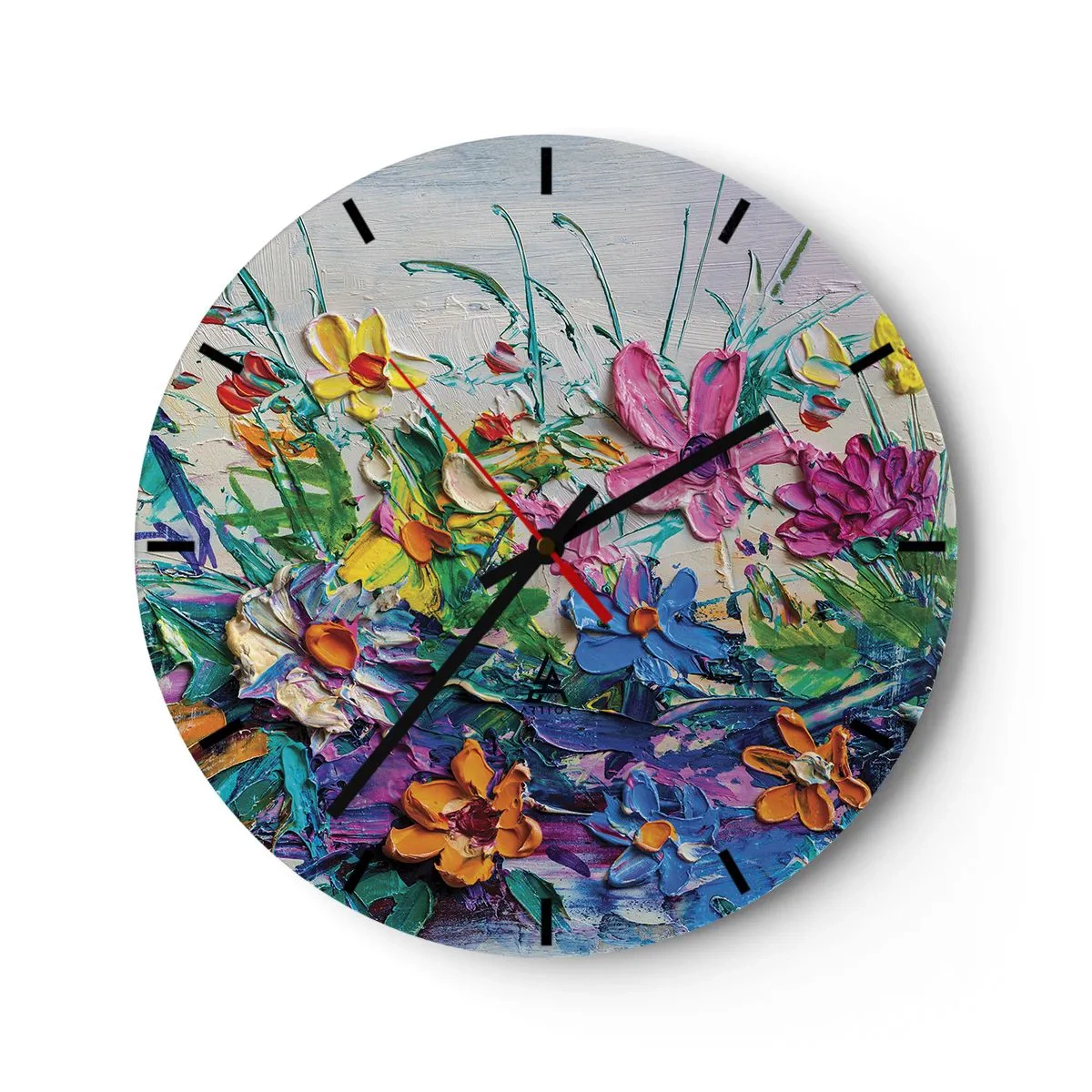 Nástenné hodiny - Farebná kvetinová krajina v impasto technike - 30x30cm - Vôbec nie zátišie - Moderná nástenná dekorácia do obývacej izby, kuchyne a spálne ARTTOR