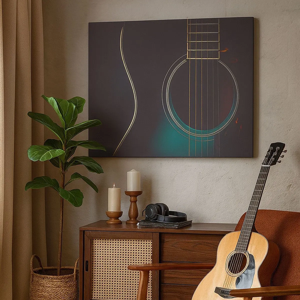 Obraz na plátne - Akustická gitara v tmavom, elegantnom svetle - 70x50cm - Okamih, než to zaznie - Moderná nástenná dekorácia do obývacej izby a spálne ARTTOR