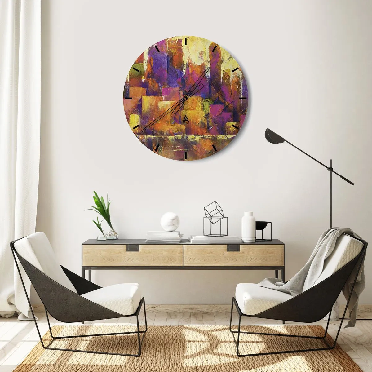 Nástenné hodiny - Abstraktná kompozícia v odtieňoch žltej a fialovej. - 30x30cm - Metropolitná kompozícia - Moderná nástenná dekorácia do obývacej izby, kuchyne a spálne ARTTOR