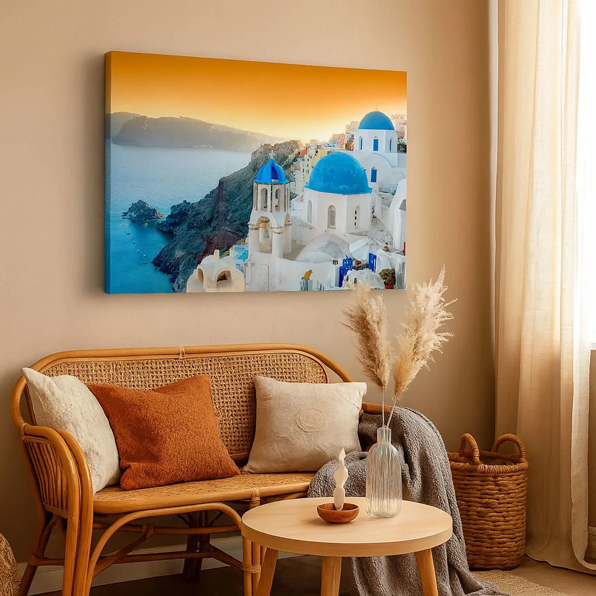Obraz na plátne - Pohľad na Santorini s bielymi budovami a modrým morom - 70x50cm - Santorini - v náruči skál - Moderná nástenná dekorácia do obývacej izby a spálne ARTTOR