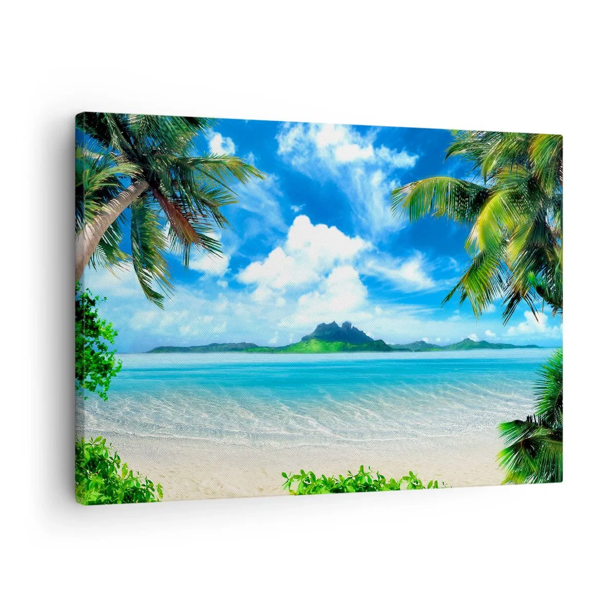 Obraz na plátne - Tropická pláž s palmami a výhľadom na ostrov - 70x50cm - Lazúr trópov - Moderná nástenná dekorácia do obývacej izby a spálne ARTTOR