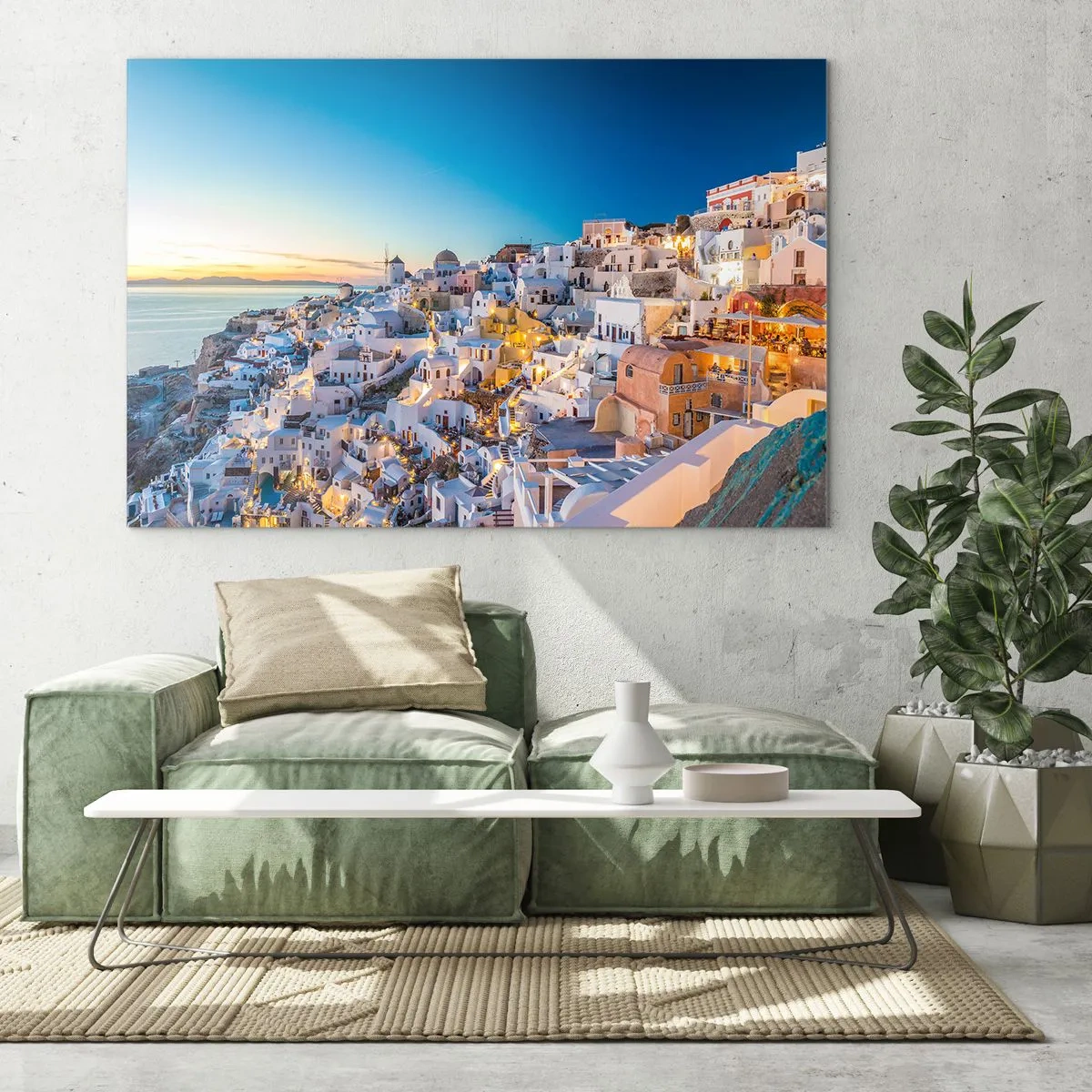 Obraz na skle - Panoráma Santorini pri západe slnka - 70x50cm - Esencia Grécka - Moderná nástenná dekorácia do obývacej izby a spálne ARTTOR