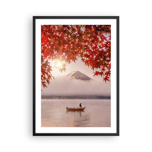 Plagát v čiernom ráme - Hora Fudži s loďkou na jazere a jesennými listami - 50x70cm - V japonskom štýle - Moderná nástenná dekorácia do obývacej izby a spálne ARTTOR