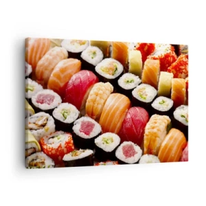 Obraz na plátne - Farebné sushi usporiadané v radoch s rôznymi polevami - 70x50cm - Farby a chute Ázie - Moderná nástenná dekorácia do obývacej izby a spálne ARTTOR