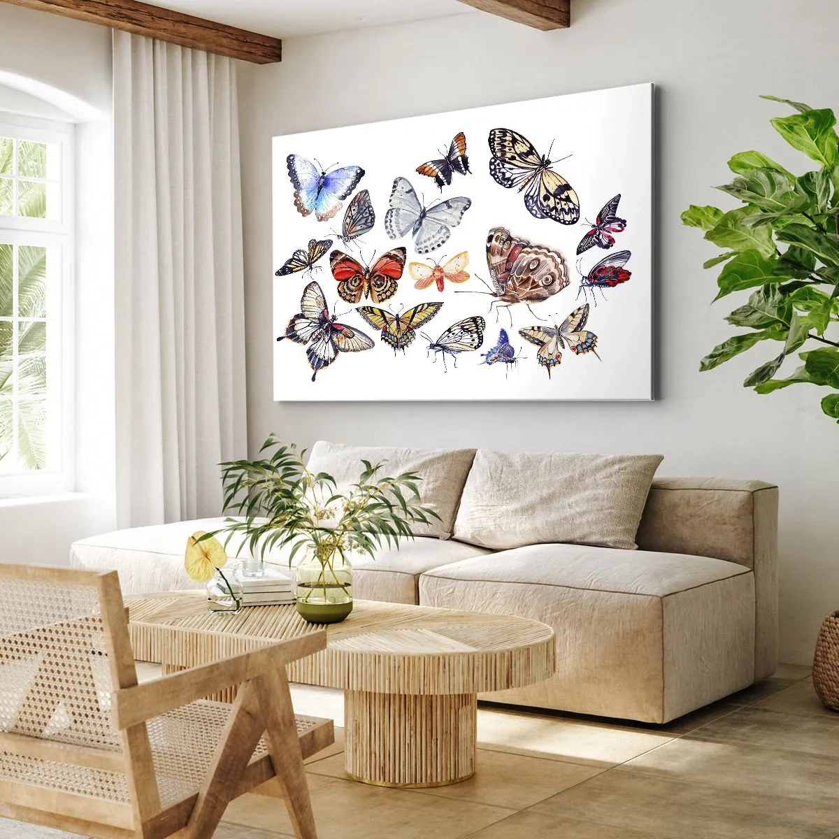 Obraz na plátne - Farebné motýle na bielom pozadí - 70x50cm - Čipkový, farebný roj - Moderná nástenná dekorácia do obývacej izby a spálne ARTTOR