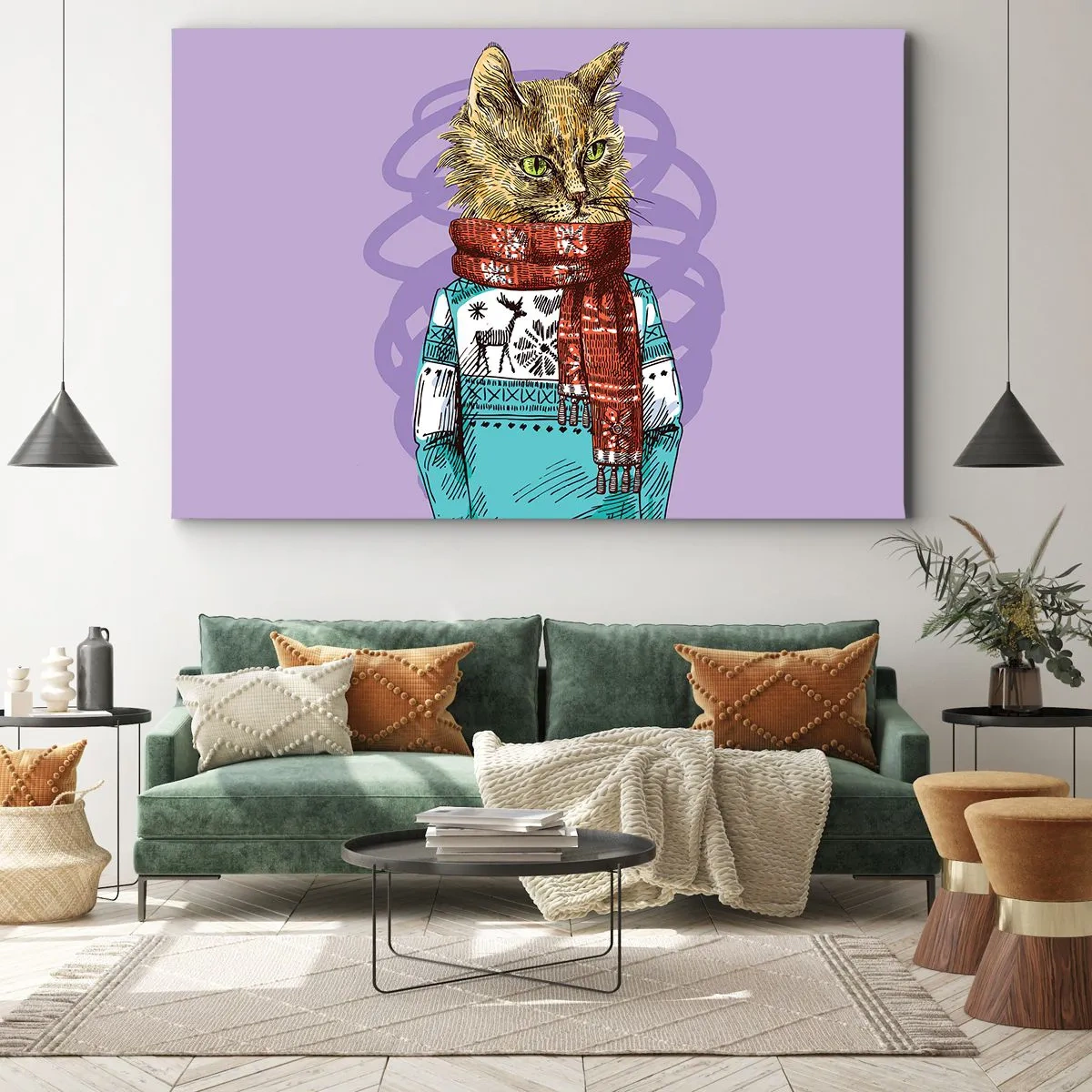 Obraz na plátne - Mačka v svetri a šatke na fialovom pozadí - 70x50cm - Mačka nielen v topánkach - Moderná nástenná dekorácia do obývacej izby a spálne ARTTOR